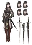  1girl absurdres angry belt black_eyes black_hair blush buckle character_sheet earrings expressions gauntlets happy highres holding holding_weapon jewelry jun_(seojh1029) medium_hair original sad scabbard sheath smile solo sword weapon 
