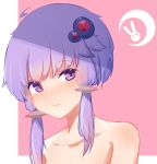  bangs blush closed_mouth collarbone commentary eyebrows_visible_through_hair hair_ornament head_tilt highres long_hair nude pink_background purple_eyes purple_hair short_hair_with_long_locks sidelocks smile solo two-tone_background upper_body vocaloid voiceroid white_background yusake_san yuzuki_yukari 