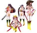  3d 4girls alternate_costume aya_(oneechanbara) banana blush collar cowboy_hat embarrassed food fruit gloves hairband hat impossible_clothes kagura_(oneechanbara) looking_away multiple_girls official_art oneechanbara saaya_(oneechanbara) saki_(oneechanbara) strawberry thighhighs twintails weapon 