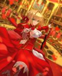  aestus_domus_aurea aestus_estus ahoge ashiwara_yuu bangs blonde_hair blurry blurry_background blurry_foreground blush braid breasts butt_crack cleavage closed_mouth commentary_request depth_of_field dress epaulettes eyebrows_visible_through_hair fate/extra fate_(series) green_eyes hair_between_eyes hair_bun hair_intakes hair_ribbon juliet_sleeves large_breasts long_sleeves looking_at_viewer looking_to_the_side nero_claudius_(fate) nero_claudius_(fate)_(all) petals puffy_sleeves red_dress red_ribbon ribbon sidelocks smile solo standing 