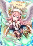  akkijin angel angel_wings bare_shoulders blue_eyes breasts card_(medium) city cleavage finger_to_mouth flying gauntlets gloves halo hat hitodama large_breasts looking_at_viewer official_art pink_hair shinkai_no_valkyrie thighhighs white_gloves wings 