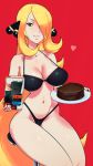  1girl bikini black_bikini blonde_hair box breasts cake chocolate_cake cleavage creatures_(company) food game_freak hair_over_one_eye heart highres large_breasts nail_polish nintendo nintendo_switch parted_lips pokemon sexynomicon shirona_(pokemon) sitting smile solo swimsuit 