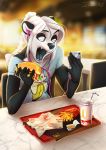  2018 5_fingers anthro bear braided_hair burger clothed clothing detailed_background digital_media_(artwork) food fries girly hair kammi-lu mammal mcdonald&#039;s open_mouth panda sandwich_(disambiguation) sitting solo teeth tongue 