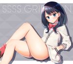 ass bangs black_hair blue_eyes blush bow brown_footwear cardigan closed_mouth collared_shirt commentary_request copyright_name eyebrows_visible_through_hair hand_in_pocket head_tilt loafers long_hair looking_at_viewer mauve red_bow red_legwear shirt shoes sitting socks solo ssss.gridman takarada_rikka thighs white_cardigan white_shirt 
