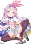  :d arm_support azur_lane bag bangle bangs black_panties blush bracelet brown_footwear brown_hair brown_legwear collared_shirt commentary_request condom condom_packet_strip condom_wrapper eyebrows_visible_through_hair fang grey_skirt hair_ribbon hairband hobby_(azur_lane) jewelry lifted_by_self long_hair looking_at_viewer navel open_mouth p_answer panties pleated_skirt purple_eyes red_hairband red_ribbon ribbon school_bag shirt shirt_lift shoes short_sleeves skirt smile solo spread_legs thighhighs torpedo underwear very_long_hair white_shirt 