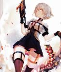  ass_visible_through_thighs bangs black_gloves black_skirt blurry blurry_background breasts brown_eyes brown_hair brown_legwear bullet closed_mouth commentary_request depth_of_field dyolf eyebrows_visible_through_hair girls_frontline gloves gun hair_between_eyes highres holding holding_gun holding_weapon kriss_vector looking_at_viewer medium_breasts panties pleated_skirt puffy_short_sleeves puffy_sleeves shirt short_sleeves shotgun_shells signature skirt solo standing submachine_gun thighhighs underwear vector_(girls_frontline) weapon white_panties white_shirt 
