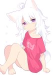  animal_ear_fluff animal_ears antenna_hair arm_support bangs bare_legs barefoot blush_stickers cat_ears cat_girl cat_tail closed_mouth collarbone eyebrows_visible_through_hair flat_chest full_body hair_between_eyes head_tilt highres long_hair mofuaki naked_shirt original purple_eyes red_shirt romaji shiro_(mofuaki) shirt short_sleeves simple_background sitting solo tail toenails translated white_background white_hair 