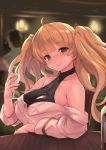  1girl arm_support bandaid bandaid_on_face bangs bare_shoulders blonde_hair blurry blurry_background blush breasts chair closed_mouth commentary_request cup drinking_glass eyebrows_visible_through_hair glass_bottle granblue_fantasy green_eyes highres holding holding_cup indoors jewelry kztk large_breasts lips long_hair looking_at_viewer monica_weisswind ring shiny shiny_hair sitting smile table twintails 