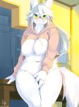  2018 anthro blush breasts canine featureless_breasts female fur hair hi_res kame_3 kemono looking_at_viewer mammal meme solo twitter_hoodie 