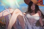  black_hair breasts dress hasshaku-sama hat long_hair marchab_66 original signed summer_dress torn_clothes waifu2x yellow_eyes 