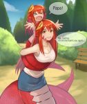  &gt;_&lt; :d bench blue_skirt bush carrying collarbone commentary commission day english english_commentary family lamia long_hair miia_(monster_musume) mika_(miiafag) monster_girl monster_musume_no_iru_nichijou mother_and_daughter multiple_girls open_mouth original outdoors outstretched_arms park piggyback red_hair scales skirt smile sookmo speech_bubble tank_top tree white_tank_top xo yellow_eyes 