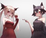  :d alcohol animal_ear_fluff animal_ears bangs bare_shoulders black_dress black_hair blonde_hair breasts cat_ears cigarette cleavage closed_mouth collarbone cup dress drinking_glass earrings eyebrows_visible_through_hair fang fang_out gradient gradient_background grey_background hair_between_eyes highres holding holding_cup hoop_earrings jewelry long_hair looking_at_viewer medium_breasts miyama_(tokiwairo8) multicolored_hair multiple_girls open_mouth original red_dress red_eyes red_hair smile strapless strapless_dress streaked_hair twintails very_long_hair wine wine_glass 