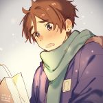  artist_name bag blue_coat blush brown_hair dated green_scarf grey_background male_focus momose_(oqo) ooji_mochizou open_mouth scarf shopping_bag snowing solo tamako_market teardrop upper_body 