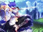  2018 anthro armor black_nose blue_eyes blue_fur blue_hair breasts canine clothed clothing day detailed_background digital_media_(artwork) eyebrows eyelashes female fully_clothed fur grass hair holding_object holding_weapon looking_at_viewer lucia_(character) mammal melee_weapon nitricacid outside shield sky solo standing sword weapon wolf 