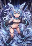  akkijin animal_ears aqua_eyes armpits bare_shoulders black_background blue_hair breasts broken broken_chain chain claws cleavage collar frown glowing glowing_eyes ice official_art paws rage_face ribbon serious shinkai_no_valkyrie small_breasts squall_(shinkai_no_valkyrie) tail thigh_ribbon wolf_ears wolf_tail 