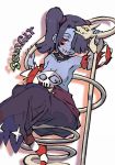  1girl bare_shoulders blue_skin breasts cleavage detached_collar detached_sleeves dress female hair_over_one_eye leviathan_(skullgirls) monster_girl red_eyes side_ponytail skullgirls squigly_(skullgirls) stitched_mouth stitches striped striped_legwear striped_sleeves zombie 