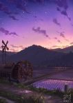  building cloud commentary dated farm gradient_sky grass highres jing_(jiunn1985matw) light mountain no_humans original outdoors path plant rice_paddy road scenery signature sky star_(sky) starry_sky twilight water water_wheel windmill 