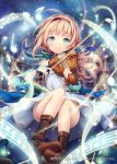  akkijin blonde_hair blue_eyes blue_ribbon boots bow_(instrument) dress instrument looking_at_viewer music musical_note night night_sky official_art outdoors playing_instrument ribbon shinkai_no_valkyrie sky smile solo star star_(sky) starry_sky violin white_dress 
