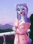  2016 5_fingers anthro blue_eyes blue_fur breasts canine clothed clothing day detailed_background digital_media_(artwork) dog female fur mammal outside rayley red_nose sky smile standing 