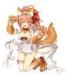  absurdres animal_ear_fluff animal_ears apron bell bell_collar blush breasts cat_hair_ornament cat_paws cleavage collar fang fate/grand_order fate_(series) fox_ears fox_tail full_body gloves hair_ornament highres huge_filesize jingle_bell kw00789 large_breasts long_hair looking_at_viewer maid_headdress naked_apron open_mouth paw_gloves paw_pose paw_shoes paws pink_hair ponytail red_ribbon ribbon shoes simple_background solo tail tamamo_(fate)_(all) tamamo_cat_(fate) white_background white_legwear 