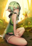  bare_arms bird black_bow black_ribbon bow canary elf flat_chest flower forest goblin_slayer! grass green_hair hair_bow hair_ribbon half-closed_eyes high_elf_archer_(goblin_slayer!) highres long_hair looking_at_viewer nature outdoors pointy_ears ribbon short_shorts shorts sidelocks sitting sleeveless smile solo thighs tree very_long_hair yomena 