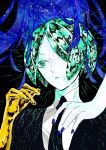  androgynous blue_hair colored_eyelashes crystal_hair gem_uniform_(houseki_no_kuni) glowing glowing_hair golden_arms green_eyes green_hair hair_over_one_eye highres houseki_no_kuni lapis_lazuli_(houseki_no_kuni) long_hair marubeni_tobi multiple_others necktie phosphophyllite short_hair spoilers upper_body white_skin 