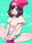  beanie black_eyes black_hair blush blush_stickers breasts floral_print green_background green_shorts hat highres indian_style looking_to_the_side mizuki_(pokemon) open_mouth poke_ball_symbol poke_ball_theme pokemon pokemon_(game) pokemon_sm red_footwear red_hat ririmon shirt shoes short_hair short_shorts short_sleeves shorts simple_background sitting small_breasts solo sparkle spread_legs tied_shirt yellow_shirt 