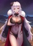  ahoge azur_lane bangs beach black_coat black_flower black_ribbon black_swimsuit breasts cleavage coat commentary_request cowboy_shot flower fur-trimmed_coat fur_trim graf_zeppelin_(azur_lane) hair_flower hair_ornament hand_on_own_arm highres jacket_on_shoulders large_breasts lavender_hair lipstick liu_lan looking_at_viewer makeup navel navel_cutout night night_sky ocean one-piece_swimsuit parted_lips pink_lips red_eyes ribbon see-through sidelocks sky solo star_(sky) starry_sky swimsuit thigh_gap water wristband 