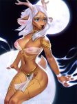  anthro antlers blue_eyes breasts cervine clothed clothing collar ears_back facial_piercing female full_moon fur gold_(metal) hair horn inner_ear_fluff jewelry levelviolet long_hair magic mammal moon navel nipples piercing pink_nipples sitting solo tan_fur white_hair 
