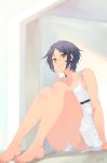  bangs barefoot black_hair breasts collarbone commentary_request dress hayami_kanade idolmaster idolmaster_cinderella_girls jjune knees_together_feet_apart large_breasts looking_at_viewer panties pantyshot pantyshot_(sitting) parted_bangs short_hair sitting smile solo spaghetti_strap sundress underwear white_dress white_panties yellow_eyes 