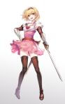  :d aki663 ass_visible_through_thighs bangs black_legwear blonde_hair blush boots breasts brown_eyes brown_legwear collarbone commentary cowboy_shot djeeta_(granblue_fantasy) dress eyebrows_visible_through_hair full_body gauntlets granblue_fantasy hair_between_eyes hairband high_heel_boots high_heels holding holding_sword holding_weapon juliet_sleeves left-handed legs_apart long_sleeves looking_at_viewer medium_breasts open_mouth pink_dress puffy_short_sleeves puffy_sleeves red_hairband scabbard sheath short_dress short_hair short_sleeves signature simple_background smile solo standing sword thigh_boots thighhighs unsheathed weapon white_background zettai_ryouiki 