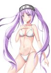 ass_visible_through_thighs bikini breasts cleavage cowboy_shot euryale fate/grand_order fate/hollow_ataraxia fate_(series) frilled_hairband frills hairband hands_on_own_chest headdress looking_at_viewer medium_breasts purple_eyes purple_hair ryuunonon simple_background solo standing swimsuit twintails white_background white_bikini 