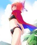  alternate_eye_color arms_behind_back bandeau bangs bikini black_bikini blue_sky blush bow breasts brown_eyes cape cleavage cloud cowboy_shot day eyebrows_visible_through_hair groin hair_between_eyes hair_bow high_collar lens_flare looking_at_viewer makuwauri medium_breasts mountain navel outdoors plant purple_bow red_cape red_hair sekibanki shiny shiny_skin short_hair sky solo standing stomach sweat swimsuit thighs touhou 