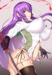  aster_crowley bikini black_legwear blood blue_eyes bouncing_breasts breasts busujima_saeko covered_nipples gloves grey_background highres highschool_of_the_dead hips huge_breasts impossible_clothes impossible_shirt katana large_breasts long_hair looking_at_viewer navel parted_lips purple_hair shirt side-tie_bikini simple_background smile solo swimsuit sword thighhighs very_long_hair weapon 
