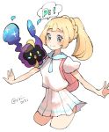  artist_name backpack bag blonde_hair blush blush_stickers braid closed_mouth cosmog cropped_legs french_braid green_eyes happy highres lillie_(pokemon) looking_to_the_side miniskirt open_mouth outstretched_arms pleated_skirt pokemon pokemon_(creature) pokemon_(game) pokemon_sm ponytail ririmon shirt short_sleeves signature simple_background skirt smile speech_bubble standing tied_hair twitter_username white_background white_shirt white_skirt 