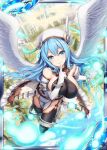  akkijin angel angel_wings bare_shoulders blue_eyes blue_hair breasts card_(medium) city cleavage finger_to_mouth flying gauntlets gloves halo hat hitodama large_breasts looking_at_viewer official_art shinkai_no_valkyrie thighhighs white_gloves wings 