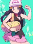  bag bare_shoulders beanie black_eyes black_shirt blue_hair blush blush_stickers bracelet breasts closed_mouth cowboy_shot duffel_bag green_background happy hat highres hikari_(pokemon) holding holding_poke_ball jewelry long_hair looking_at_viewer miniskirt pink_skirt poke_ball poke_ball_(generic) poke_ball_symbol poke_ball_theme pokemon pokemon_(game) pokemon_dppt red_scarf ririmon scarf shirt simple_background skirt sleeveless sleeveless_shirt small_breasts smile solo sparkle standing tied_hair white_hat 