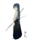  absurdres archery arrow bangs blue_hair blue_hakama bow_(weapon) closed_mouth eyebrows_visible_through_hair from_behind full_body hair_between_eyes hakama hakama_skirt highres holding holding_arrow holding_bow_(weapon) holding_weapon huanxiang_heitu japanese_clothes kyuudou long_hair long_sleeves looking_at_viewer love_live! love_live!_school_idol_project low_ponytail non-web_source scan simple_background smile solo sonoda_umi standing weapon white_background yellow_eyes 