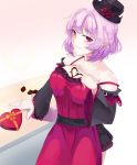  1girl absurdres bare_shoulders blush breasts chocolate chocolate_heart cleavage commentary dress elf eyebrows_visible_through_hair flower hair_between_eyes hat hat_flower heart highres jm289600 large_breasts looking_at_viewer lucid maplestory pointy_ears purple_eyes purple_hair short_hair smile solo valentine 