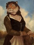  anthro apron breasts brown_hair cheek_tuft cleavage clothed clothing cloud day dress feline female green_eyes hair holding_object long_hair mammal oouna outside sky solo standing tiger tuft uchoa whiskers 