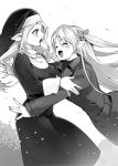  :o blush elf greyscale habit hug jewelry long_hair looking_at_another monochrome multiple_girls necklace novel_illustration nun official_art ossan_boukensha_kane_no_zenkou outdoors pointy_ears standing super_zombie 