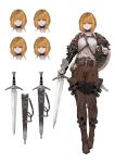  1girl absurdres angry belt blonde_hair boots buckle character_sheet choker expressions happy highres holding holding_weapon jun_(seojh1029) leather original sad scabbard sheath smile solo vambraces weapon yellow_eyes 