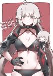  absurdres ahoge aoi_suzu artist_name bangs bikini black_bikini black_choker black_gloves black_jacket breasts chibi choker cleavage commentary_request cowboy_shot cropped_jacket eyebrows_visible_through_hair fate/grand_order fate_(series) gloves hair_between_eyes highres jacket jeanne_d'arc_(alter_swimsuit_berserker) jeanne_d'arc_(fate)_(all) katana large_breasts long_hair looking_at_viewer navel o-ring o-ring_bottom o-ring_top shrug_(clothing) silver_hair swimsuit sword thigh_strap weapon yellow_eyes 