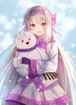  :d ainu_clothes bangs blue_sky blush bow character_doll day eyebrows_visible_through_hair fate/grand_order fate_(series) fingerless_gloves fingernails gloves hair_between_eyes hair_bow hairband highres illyasviel_von_einzbern light_brown_hair long_hair long_sleeves looking_at_viewer md5_mismatch nasii object_hug open_mouth outdoors pink_bow pink_hairband purple_gloves red_eyes shirou_(fate/grand_order) sidelocks sitonai sky smile snow solo stuffed_animal stuffed_toy teddy_bear very_long_hair wide_sleeves 