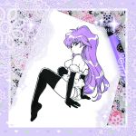  bangs bare_shoulders black_legwear breasts closed_mouth commentary doily dragon_half elbow_gloves floral_print frame fur_trim gloves hair_between_eyes heart heart_print highres inktober lavender_hair limited_palette long_hair looking_back marker marker_(medium) medium_breasts partially_colored purple_hair shiny shiny_hair sitting solo sparkle thighhighs traditional_media veena_(dragon_half) wavy_hair zambi 