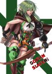  arrow bangs belt black_gloves blush boots bow breasts cape commentary_request elf gloves goblin_slayer! green_eyes green_hair hair_between_eyes hair_bow hair_ribbon high_elf_archer_(goblin_slayer!) kouichi09 long_hair parted_lips pointy_ears quiver ribbon short_hair_with_long_locks shorts sidelocks solo thigh_boots thighhighs title tress_ribbon 