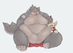  2018 ambiguous_gender belly big_belly black_eyes black_nose canine chubby_cheeks claws clothing duo eating fennec fox fur grey_fur half-closed_eyes male male/ambiguous mammal moobs morbidly_obese nintendo nintendo_switch obese obese_male overweight overweight_male simple_background sitting size_difference smile teeth underwear video_games white_background wolf yellow_eyes ガブ 