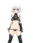  1girl bandage bandaged_arm bandages bare_shoulders black_gloves black_panties boots breasts elbow_gloves eyebrows_visible_through_hair facial_scar fate/grand_order fate_(series) fingerless_gloves gloves green_eyes jack_the_ripper_(fate/apocrypha) looking_at_viewer lowleg lowleg_panties navel panties parted_lips pubic_hair scar scar_across_eye scar_on_cheek short_hair silver_hair simple_background single_glove small_breasts solo standing thigh_boots thighhighs thighs underwear white_background 