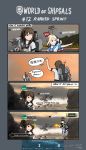  4koma blonde_hair blue_eyes brown_eyes brown_hair cannon character_name comic commentary dated doom_(2016) english_commentary firing flag from_behind furutaka_(kantai_collection) gameplay_mechanics gremyashchy_(greythorn032) greythorn032 hair_ornament hairclip highres island jojo_no_kimyou_na_bouken kantai_collection multiple_girls notepad original pencil pointing pointing_forward rigging school_uniform serafuku shaded_face silhouette smoke to_be_continued translation_request turret waving world_of_warships 