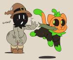  acstlu ambiguous_gender animate_inanimate black_skin blush english_text feline feral flora_fauna food fruit green_eyes hat male mammal penis plant pumkat pumpkin simple_background text thick_thighs unknown_species white_eyes wide_hips wizard_hat 